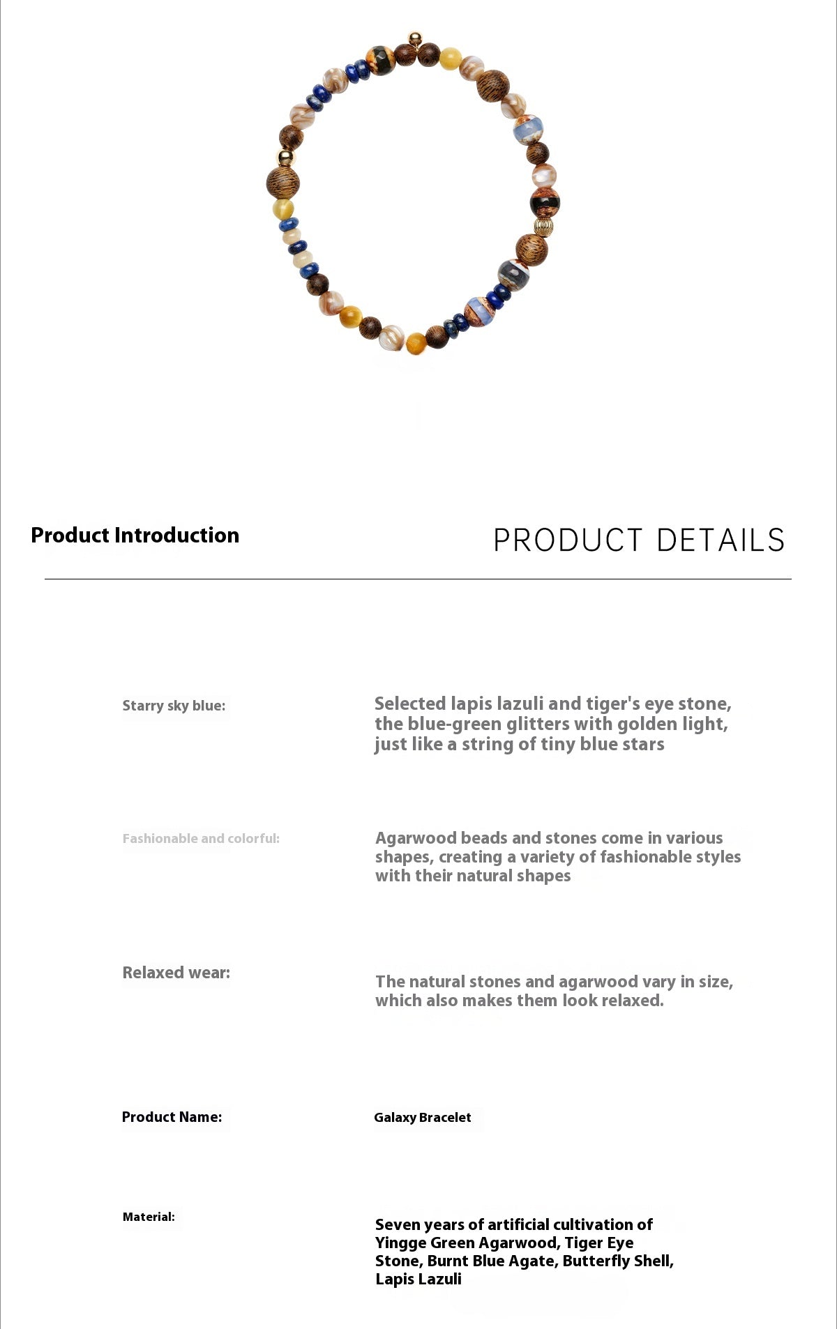 Fancira Agarwood Bracelet, Galaxy/Yingge Green Qi Agarwood, Tiger's Eye Stone, Burnt Blue Agate, Versatile