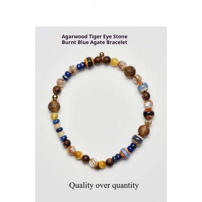 Fancira Agarwood Bracelet, Galaxy/Yingge Green Qi Agarwood, Tiger's Eye Stone, Burnt Blue Agate, Versatile