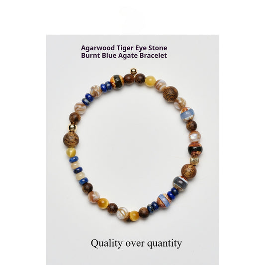 Fancira Agarwood Bracelet, Galaxy/Yingge Green Qi Agarwood, Tiger's Eye Stone, Burnt Blue Agate, Versatile